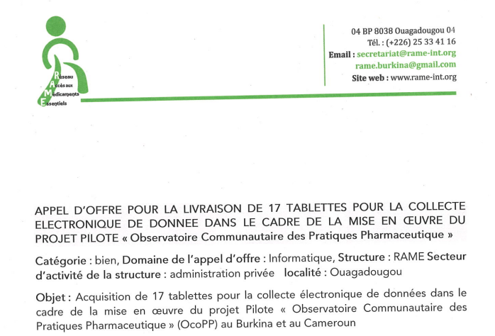 Appel d’offres pour la livraison de 17 tablettes pour la collecte électronique de données dans le cadre de la mise en oeuvre du projet pilote « Observatoire Communautaire des Pratiques pharmaceutiques »